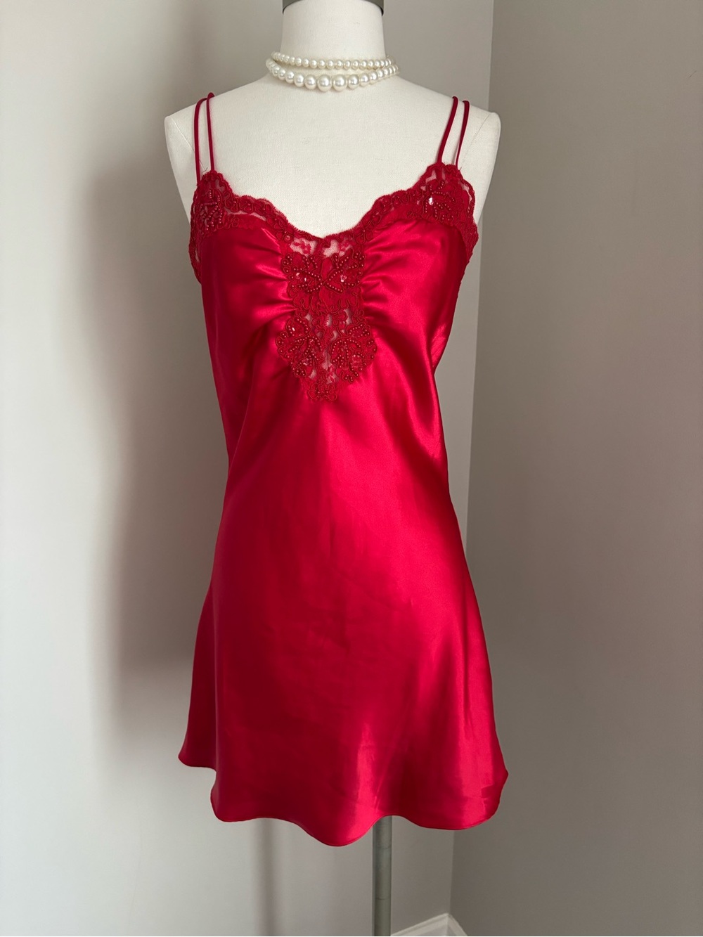 Vintage Victoria Secret Gold Label Luxury Red Satin Lace Chemise Slip size small